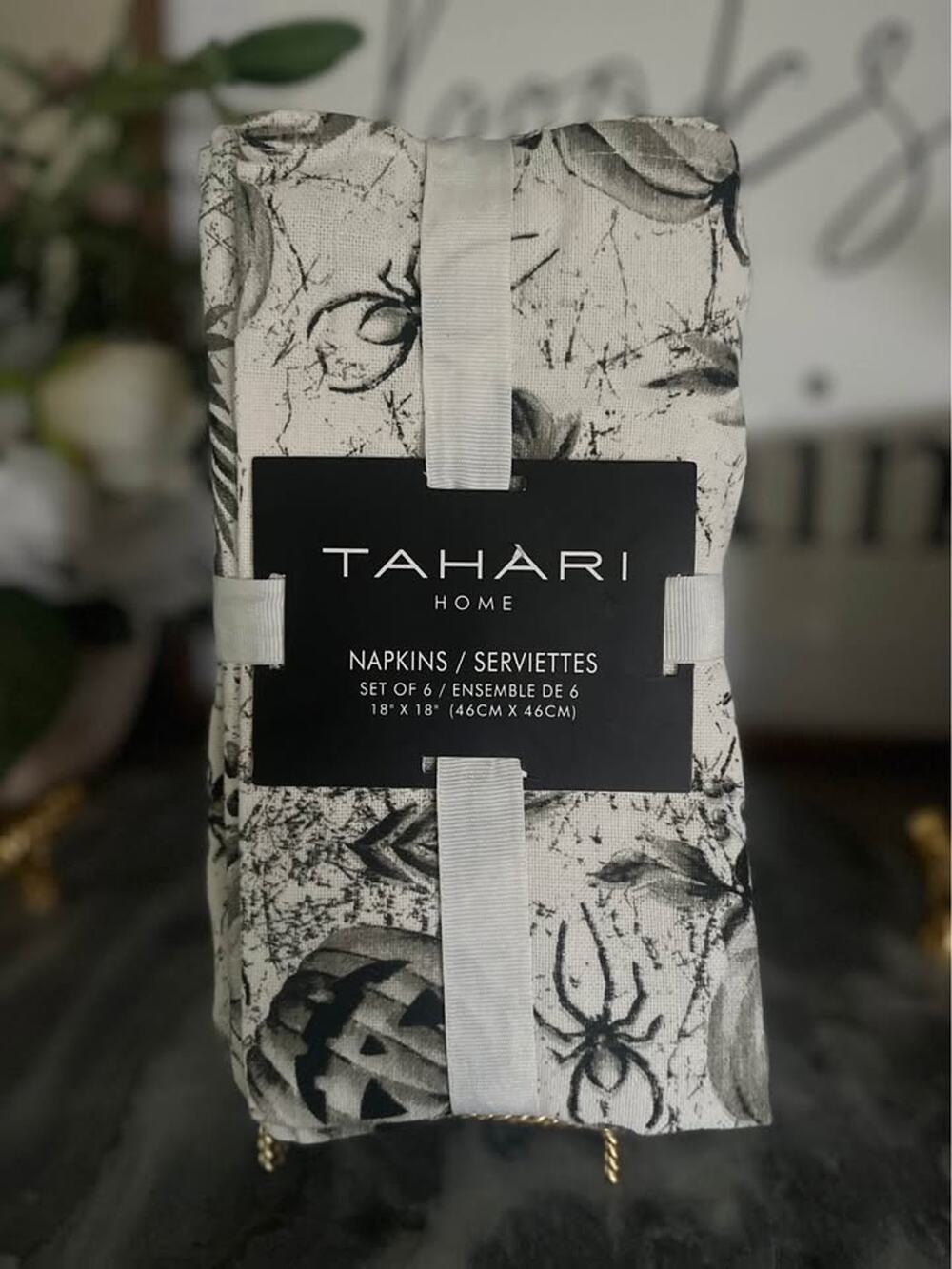 NWT Tahari Home Halloween Napkins (6) Black White Spooky Pumpkins Bats Spiders